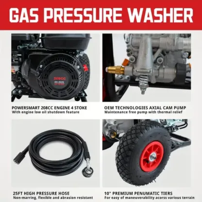 Hidrolavadora a Gas PowerSmart, 3200 PSI 2.5 GPM Bomba de leva axial, Tanque de jabón a bordo de 208 cc, 5 boquillas QC Manguera de 25 pies, Pistola pulverizadora y varilla para limpiar autos/casas