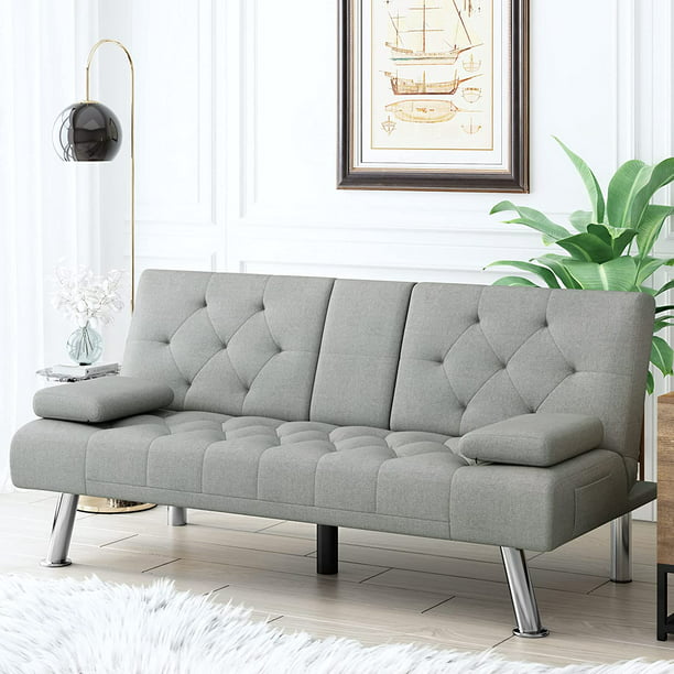 Homfa Sofá cama futón convertible, sofá cama plegable de 66.3 pulgadas con reposabrazos extraíbles y 2 portavasos para sala de estar, acabado gris