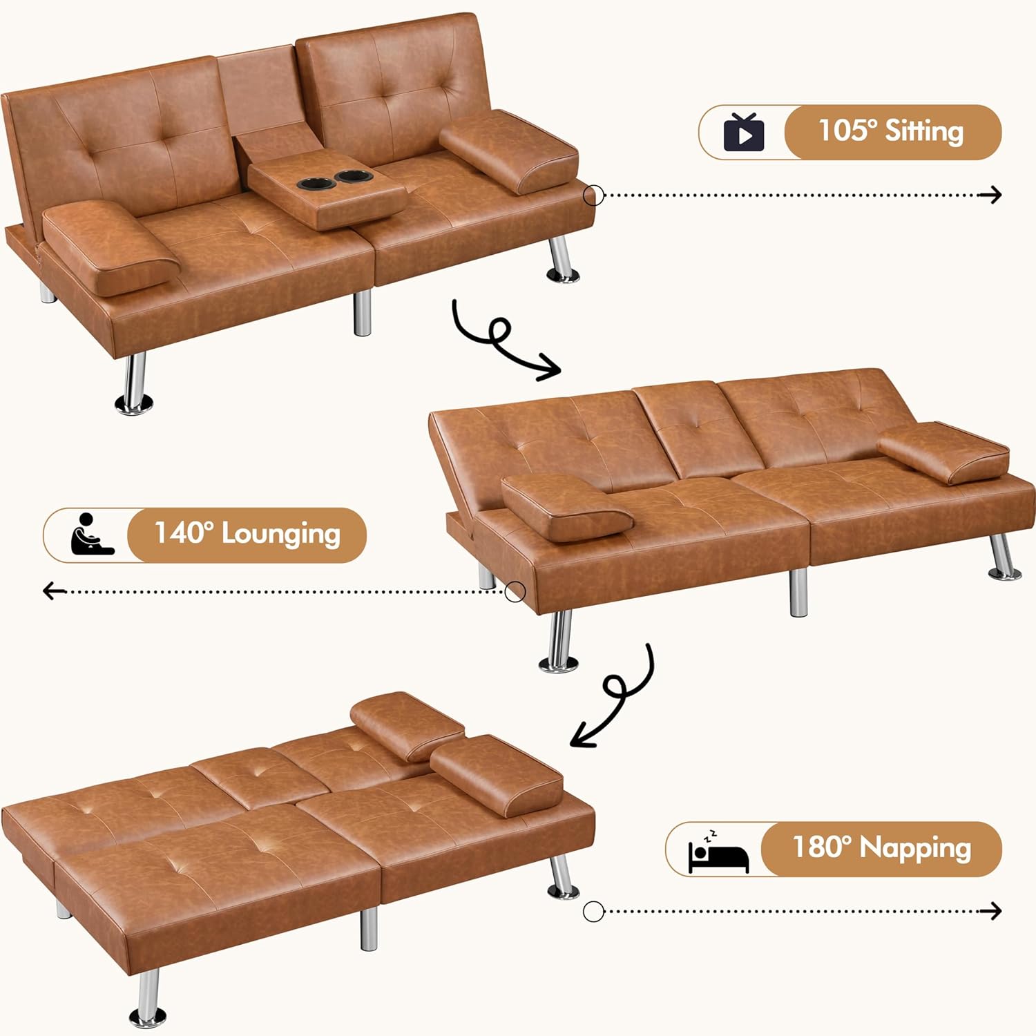 Yaheetech - Sofá Cama Convertible Ajustable, Moderno sillón reclinable de Piel sintético para el hogar, sofá Cama Plegable, Cama de Invitados, reposabrazos extraíbles, portavasos 3 ángulos, Capacidad