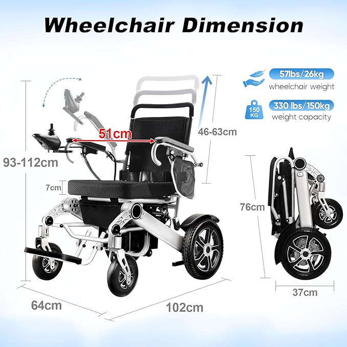 WEYRAL 40km Sillas de Ruedas ElÃ©ctrica Para Adultos, ligera, alcance de 40 km, Silla de Ruedas ElÃ©ctrica plegable, silla de ruedas elÃ©ctrica para todo terreno, capacidad de carga de 150 kg