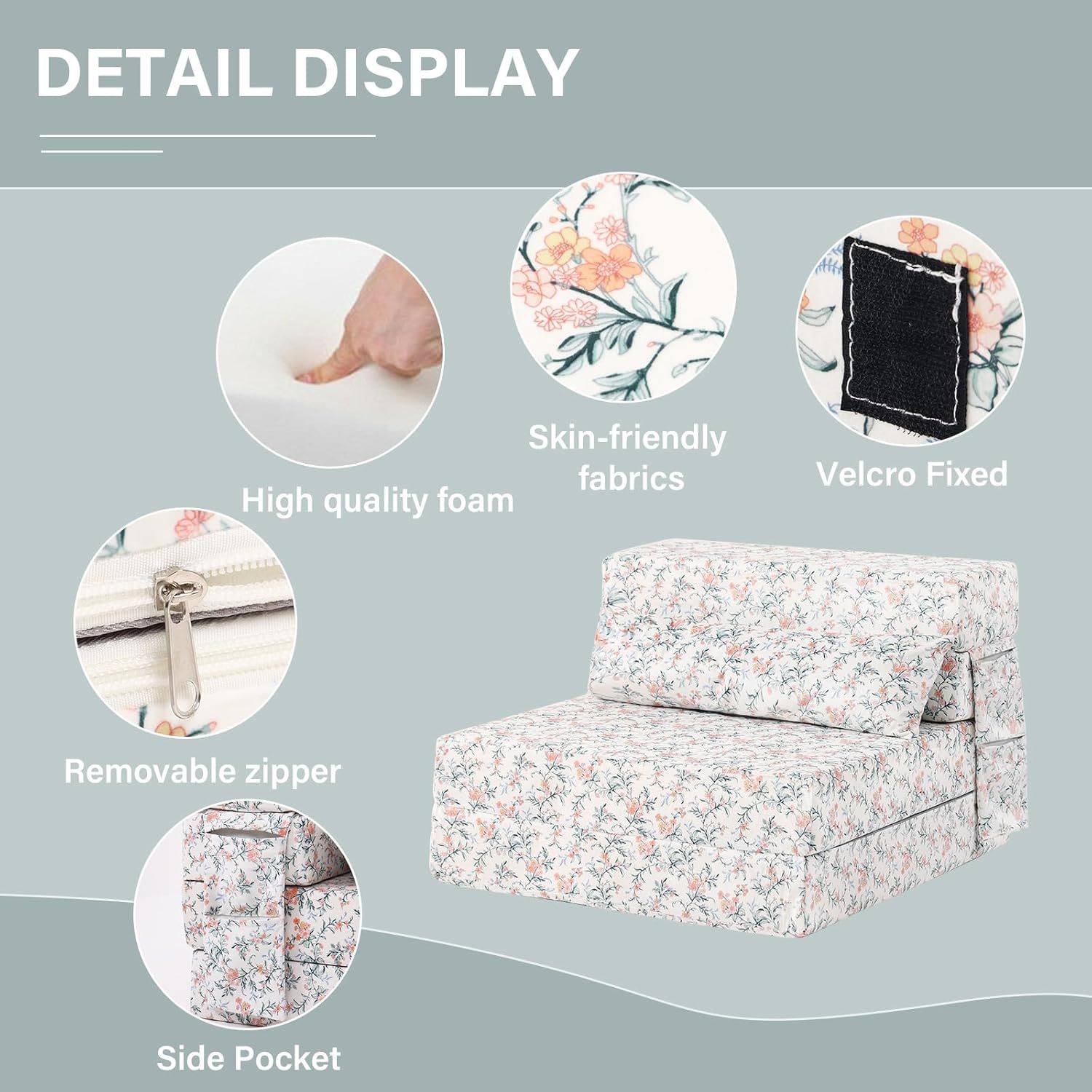 Tiita - Sillón de futón, tamaño individual, sofá cama plegable con almohada, colchón de piso y futón para sala de estar, recámara, uso de invitados, departamento