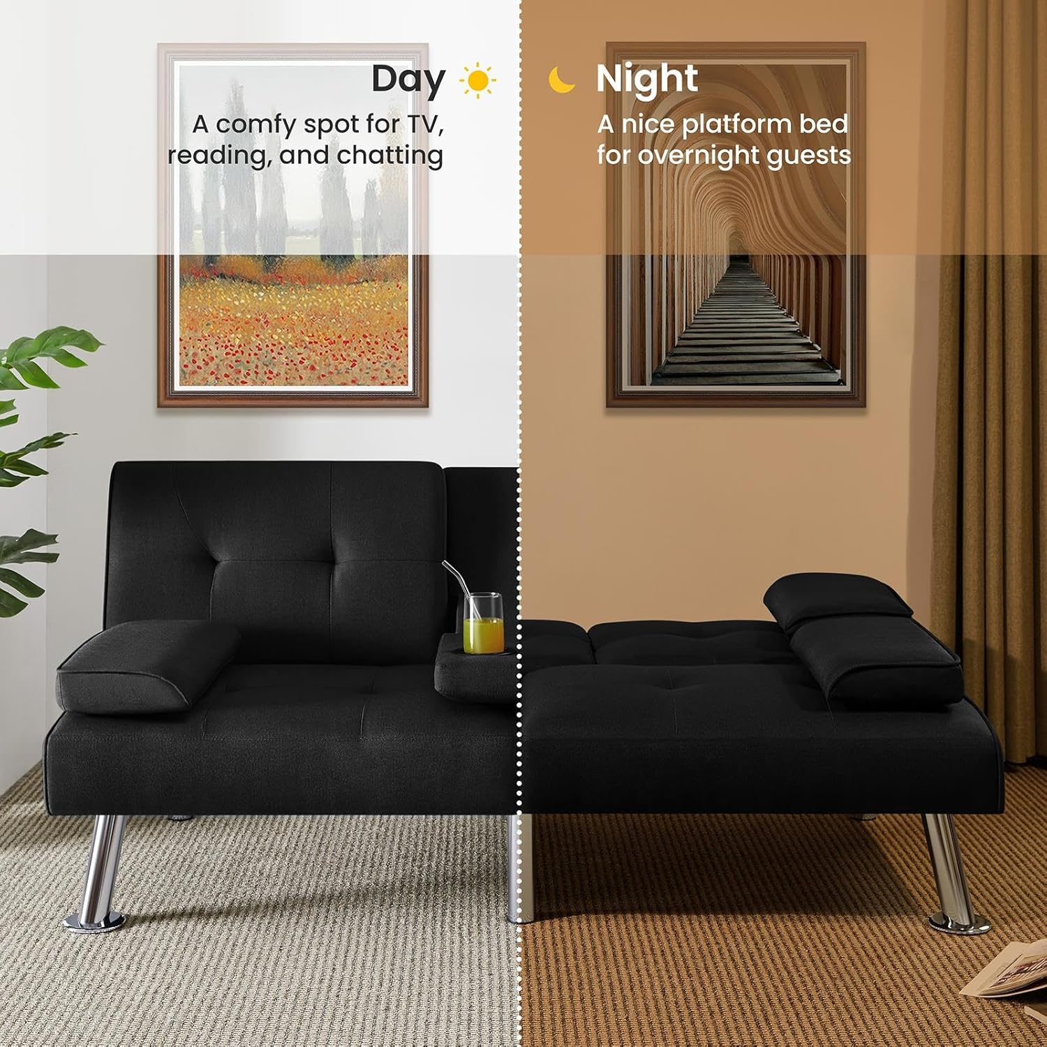 Yaheetech - Sofá Cama Convertible Ajustable, Moderno sillón reclinable de Piel sintético para el hogar, sofá Cama Plegable, Cama de Invitados, reposabrazos extraíbles, portavasos 3 ángulos, Capacidad