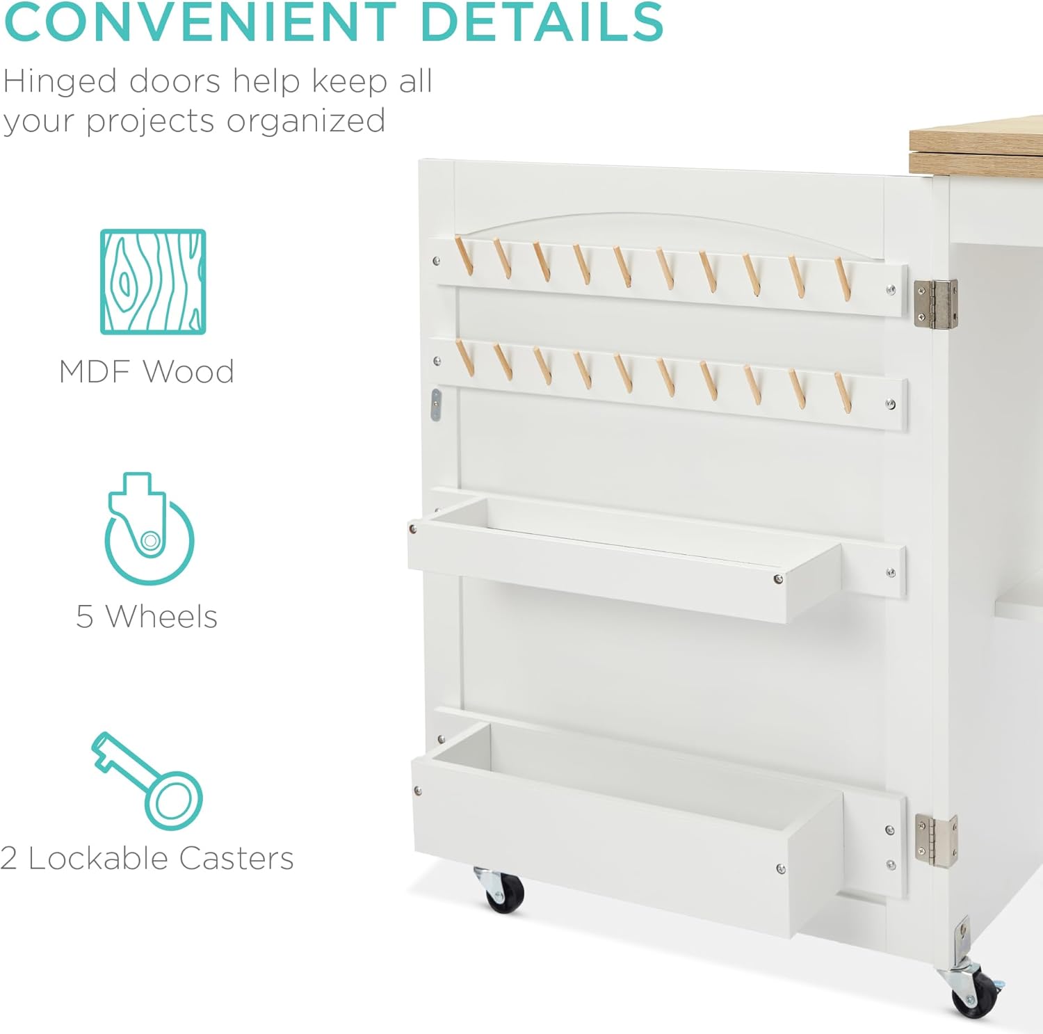 Best Choice Products - Mesa de coser plegable multiusos, estación de manualidades, diseño compacto, ruedas, estantes, almacenamiento, clavijas, puertas magnéticas, pomos de puerta de metal, blanca