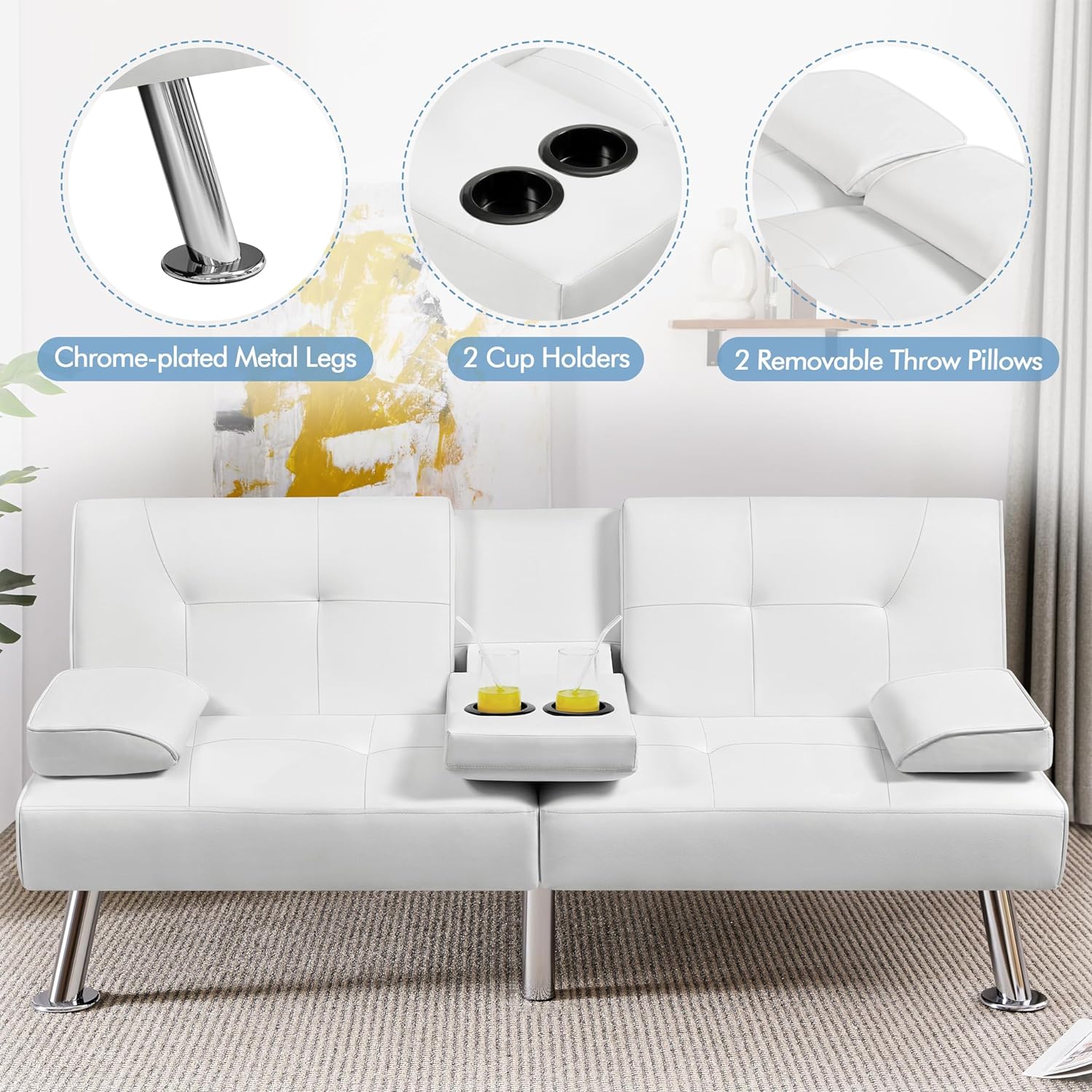 Yaheetech - Sofá Cama Convertible Ajustable, Moderno sillón reclinable de Piel sintético para el hogar, sofá Cama Plegable, Cama de Invitados, reposabrazos extraíbles, portavasos 3 ángulos, Capacidad