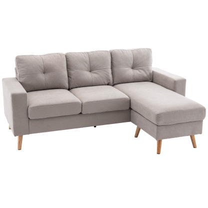 Sofá de Esquina de 3 Plazas, Aspecto Lino, Chaise Lounge Reversible, 193x136x85 cm, Gris Claro