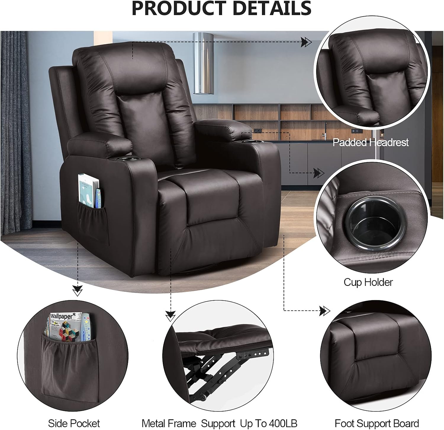 COMHOMA - Silla reclinable giratoria, mecedora de poliuretano para adultos, con masaje y calor, portavasos, bolsillos laterales, para sala de estar y recámara