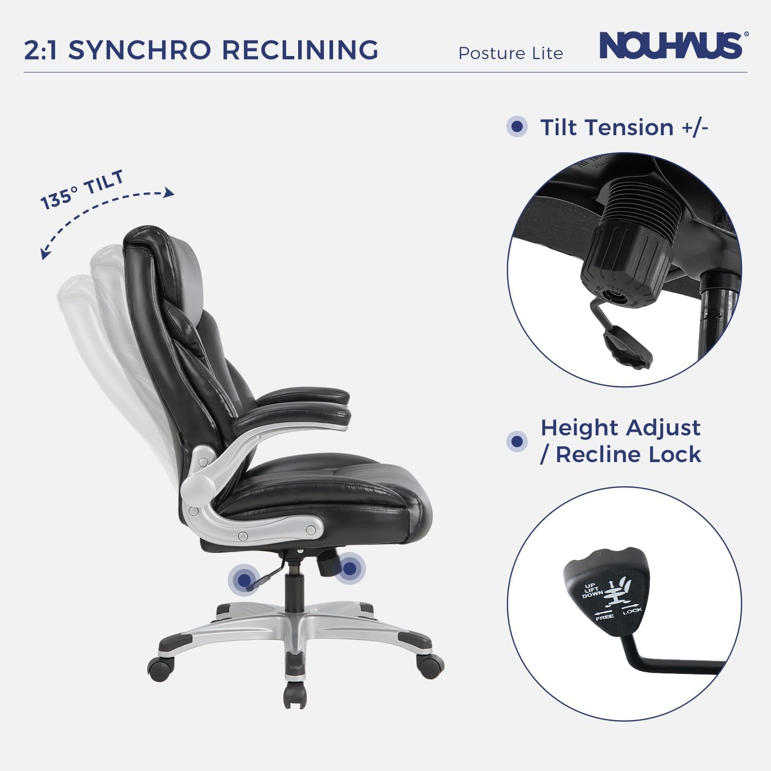 Nouhaus - Silla de oficina grande y alta con soporte lumbar, silla de oficina ergonómica de piel sintético, silla de computadora ejecutiva con reposabrazos ajustables (Posture Lite, blanco)