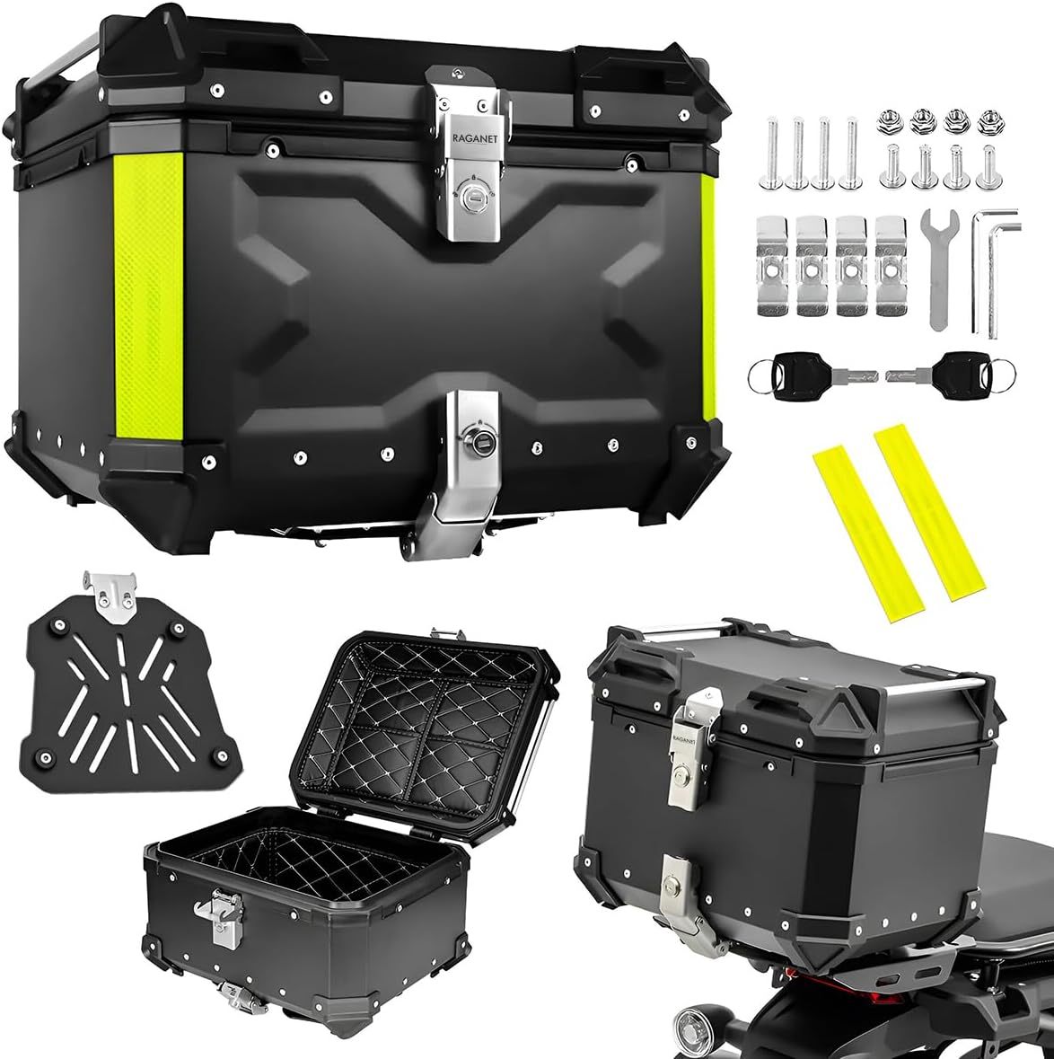 Raganet, Cajuela Profesional para Motocicletas, Maletero de Moto con Interior Forrado de Vinil, Cerradura de Doble Bloqueo, Esquinas Reforzadas, Medidas: 42cm X 34cm, Incluye Material de Montaje