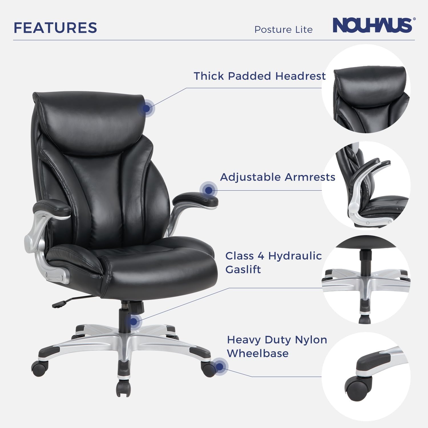 Nouhaus - Silla de oficina grande y alta con soporte lumbar, silla de oficina ergonómica de piel sintético, silla de computadora ejecutiva con reposabrazos ajustables (Posture Lite, blanco)