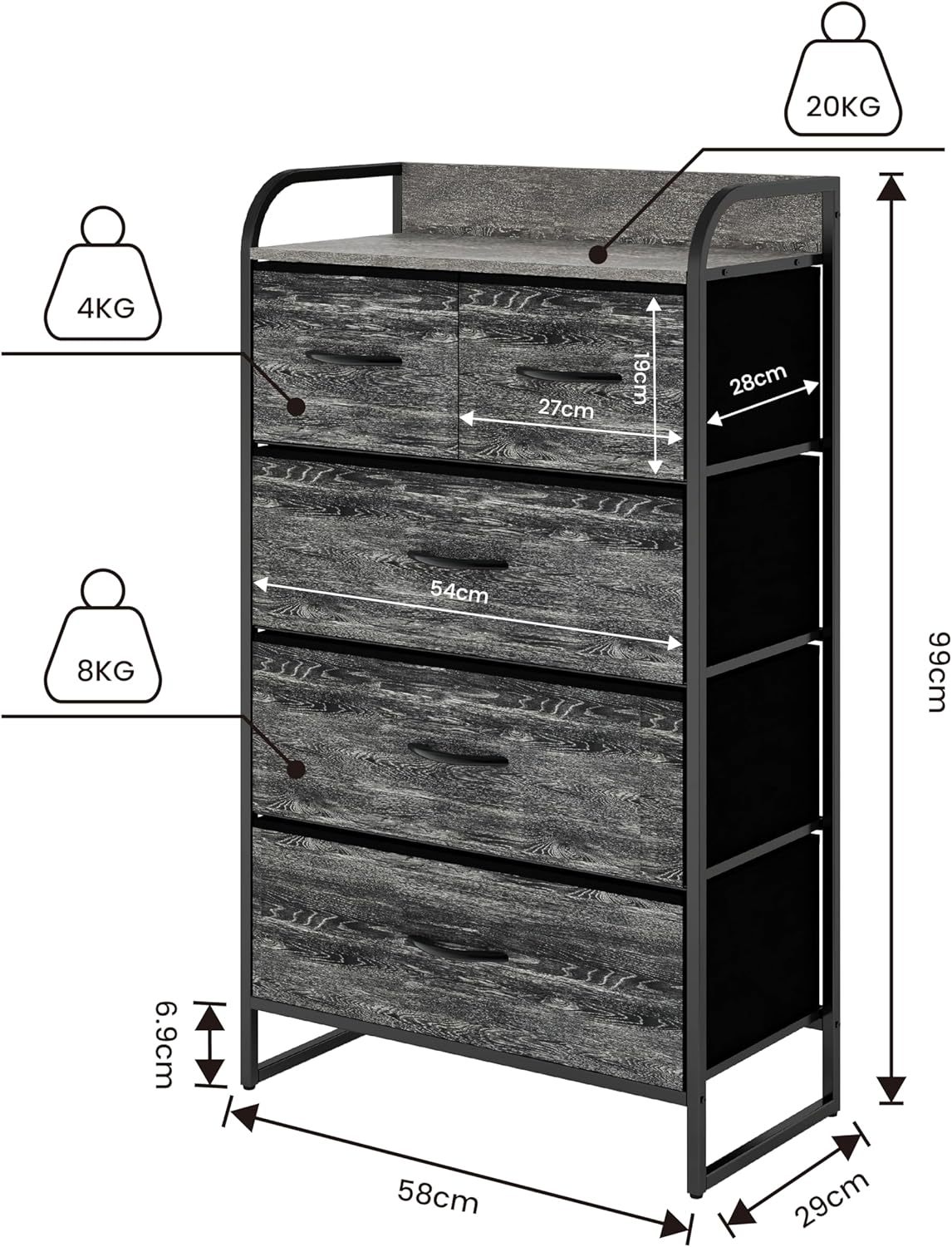 MU:4LIFE Cómoda De 5 Cajones Almacenamiento para Hogar Y Oficina, Organizador Cajonera De Estructura Metal y Cajones De Tela Lino Poliéster y Tela No Tejida (Gris Claro)