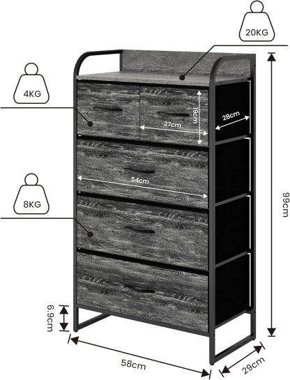 MU:4LIFE Cómoda De 5 Cajones Almacenamiento para Hogar Y Oficina, Organizador Cajonera De Estructura Metal y Cajones De Tela Lino Poliéster y Tela No Tejida (Gris Claro)