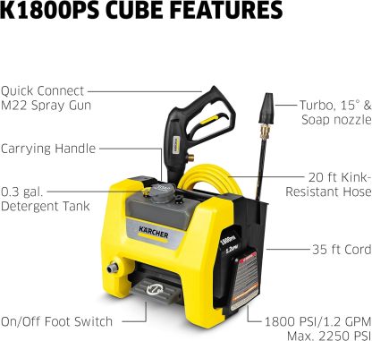 Kärcher K1800PS - Lavadora a presión (2250 PSI), 3 boquillas de pulverización, Tanque de detergente, para Coches, calzadas, revestimientos, Patios, 1.46 máx. GPM