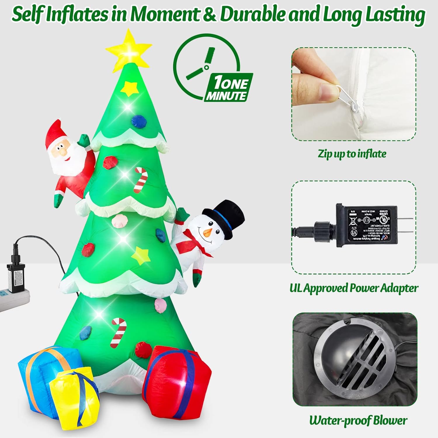 Danxilu 1.83M Arbol de Navidad Inflable con Papá Noel Perro Decoraciones al Aire Libre, Inflables Navidad Arbol Santa Claus para el Patio Inflables Navideños Decoración Iluminada con Leds