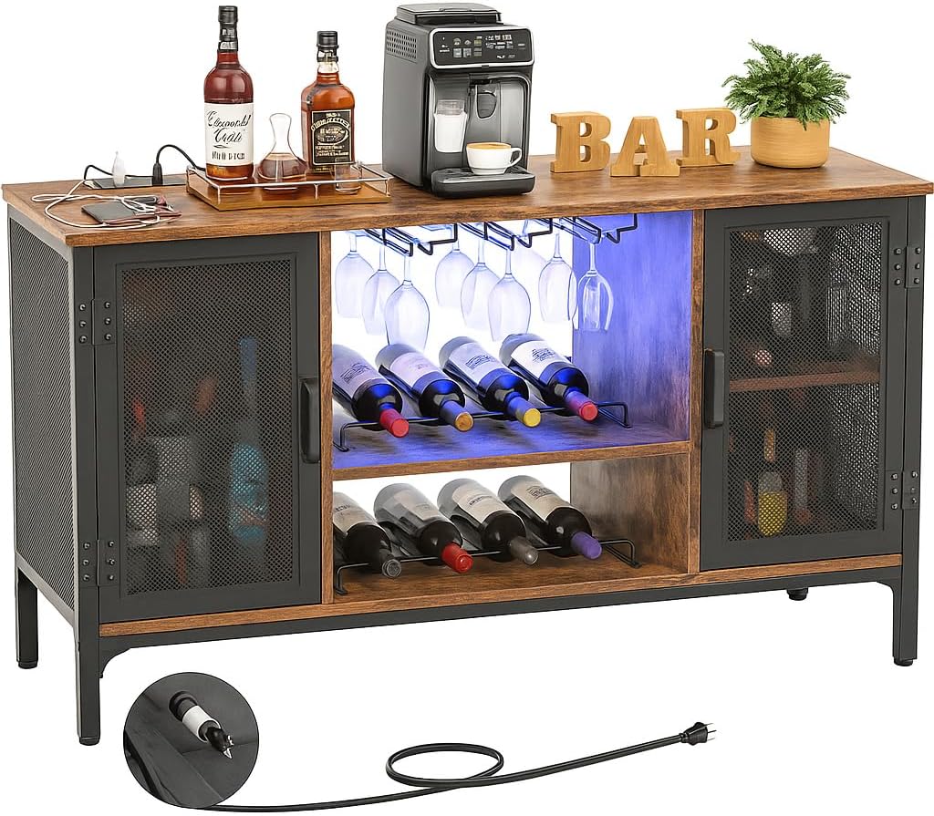 Homieasy Gabinete de Bar de Vino con Tomas de Corriente y Luces LED, Gabinete Industrial para Licor con Estantes de Vino Ajustables, Gabinetes de Estación de Café con Almacenamiento para Cocina/Hogar