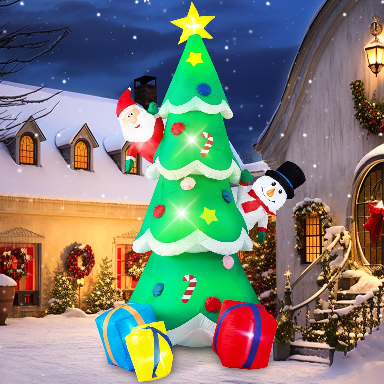 Danxilu 1.83M Arbol de Navidad Inflable con Papá Noel Perro Decoraciones al Aire Libre, Inflables Navidad Arbol Santa Claus para el Patio Inflables Navideños Decoración Iluminada con Leds