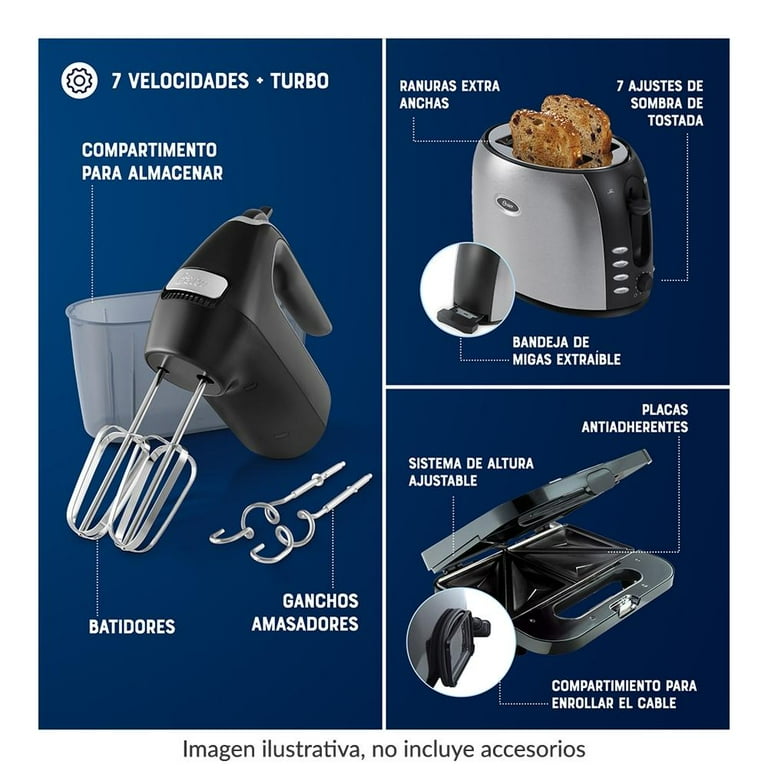 Combo Oster 5 Elementos con Licuadora Clásica, Cafetera Programable, Batidora de Mano, Tostador y Sandwichera