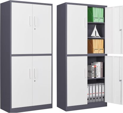 Letaya - Armarios de almacenamiento de metal con puerta de cerradura, armarios de acero, 5 estantes ajustables para el hogar, oficina, almacén (blanco)