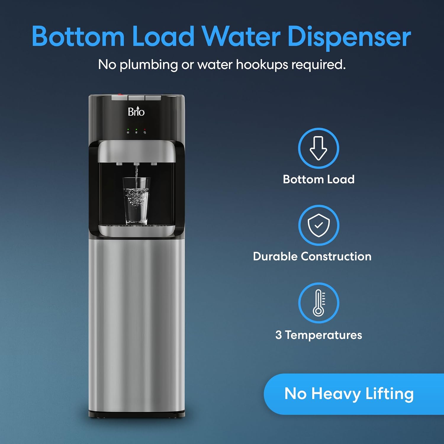 Brio Dispensador de enfriador de agua de carga inferior para botellas de 5 galones, 3 temperaturas con boquillas calientes, habitación y frías, bloqueo de seguridad infantil, visualización LED con alerta de botella vacía, acero inoxidable