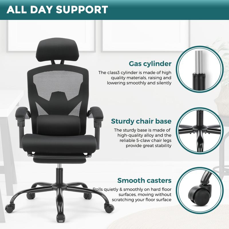 🔥Limited stock Only $29.9 today🎁Ergonomic Office Chair with Foot Rest and Adjustable Headrest, Mesh Swivel Rolling Task Chair