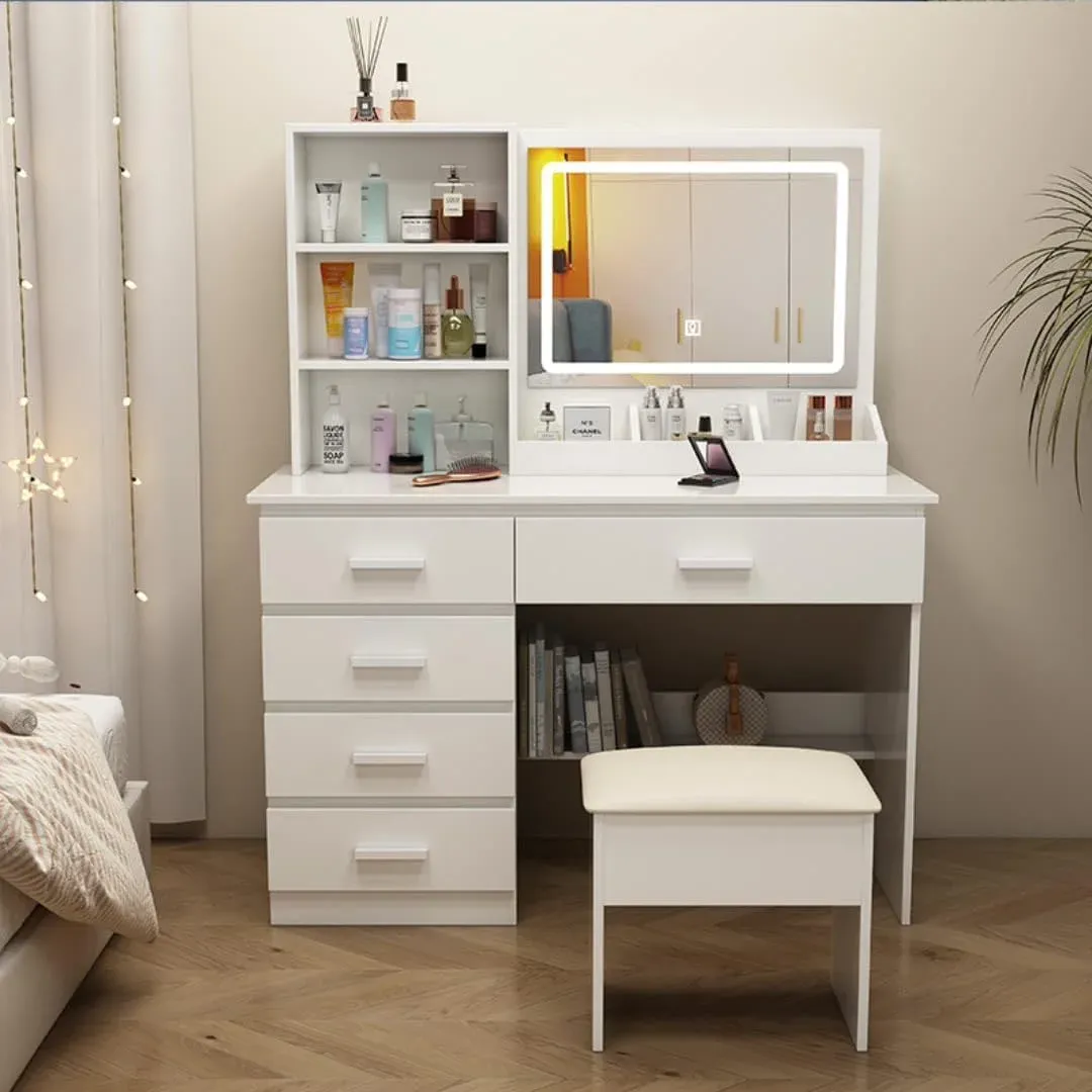 Tocador,Tocador de Maquillaje con Luces de Espejo, Vanity Tocador con 5 Cajones,Estantes de Almacenamiento,Taburete Acolchado, Tocador con 3 Estantes, Mesa de Maquillaje para Dormitorio Blanco