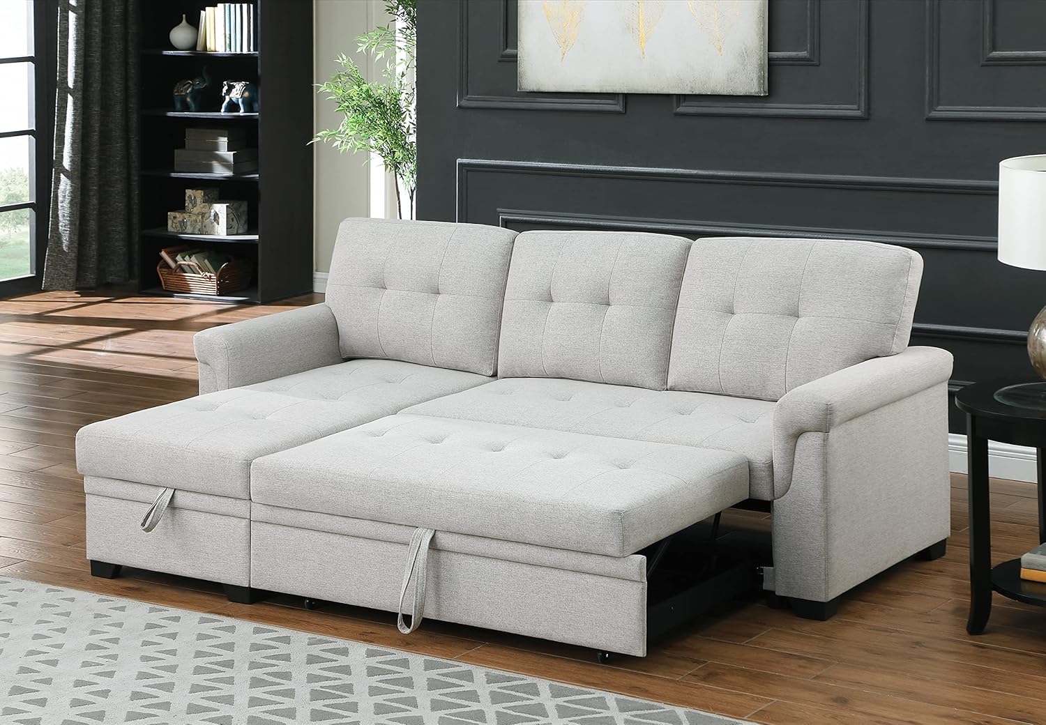 Lilola Home Lucca - Sofá seccional Reversible de Lino Gris Claro con diván de Almacenamiento