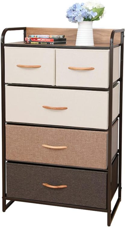 MU:4LIFE Cómoda De 5 Cajones Almacenamiento para Hogar Y Oficina, Organizador Cajonera De Estructura Metal y Cajones De Tela Lino Poliéster y Tela No Tejida (Gris Claro)
