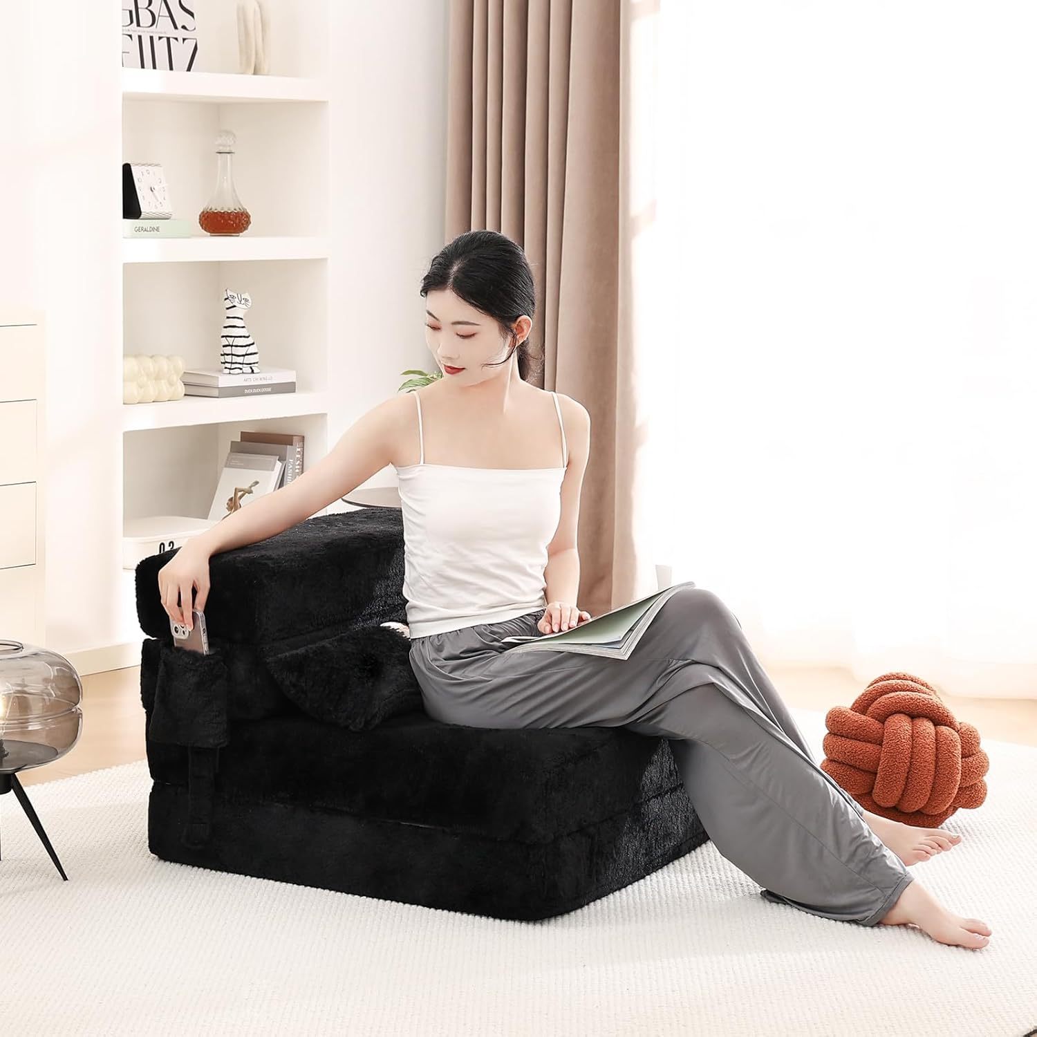 Tiita - Sillón de futón, tamaño individual, sofá cama plegable con almohada, colchón de piso y futón para sala de estar, recámara, uso de invitados, departamento