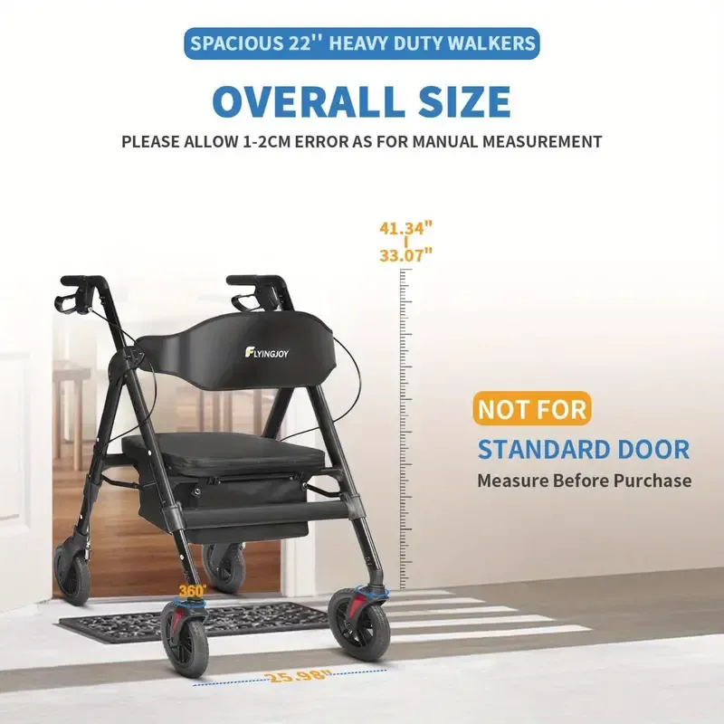 Andador de ruedas resistente para personas grandes de 450 libras, con asiento extra espacioso, NO apto para puertas estándar de 26" de ancho, un poco voluminoso para personas mayores ligeras