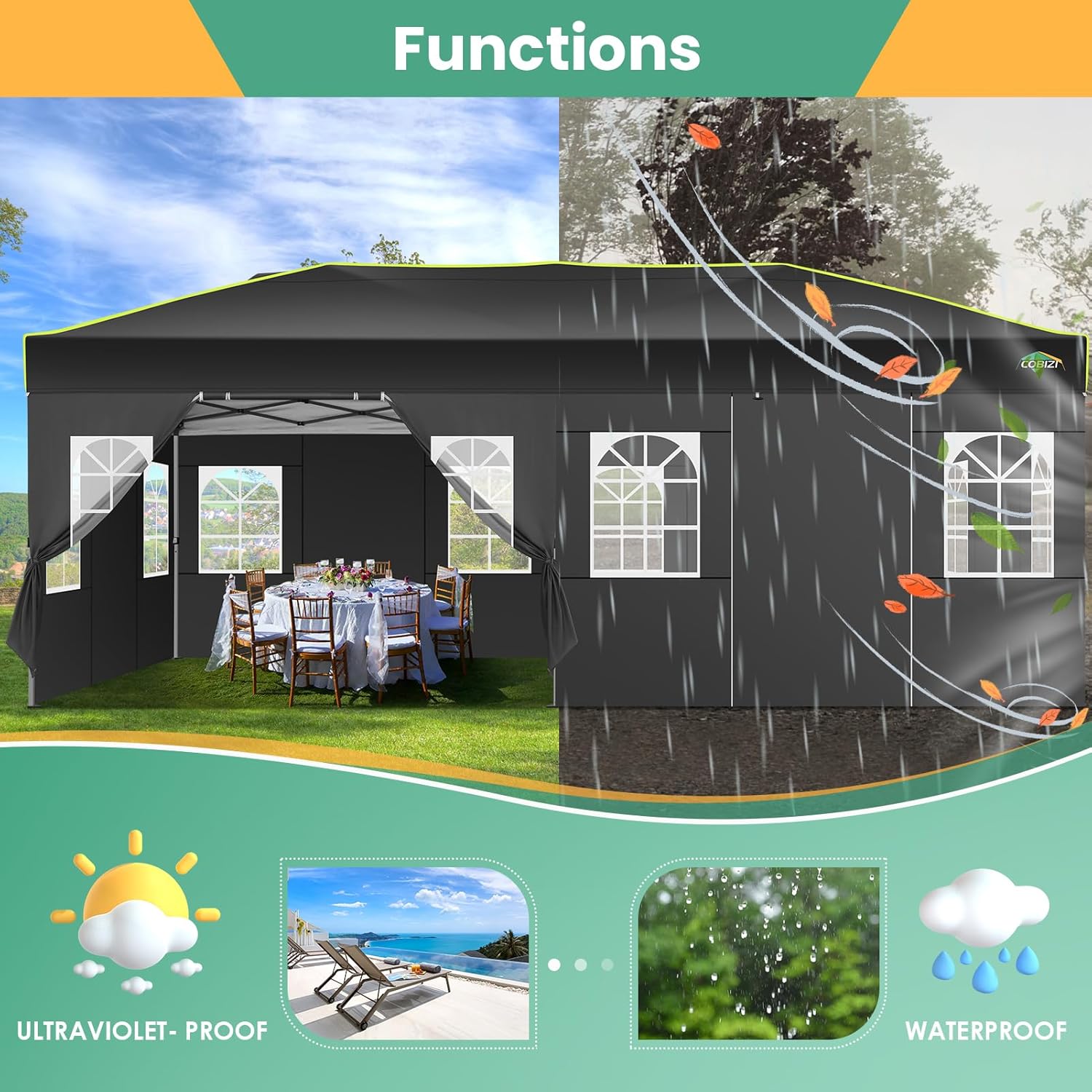 COBIZI - Tienda de campaña desplegable de 10 x 20 Pulgadas, Tienda de campaña instantánea Comercial para Bodas, Fiestas con 3 Altura Ajustable, toldo Ez Up para Exteriores, Impermeable, UPF50+ con