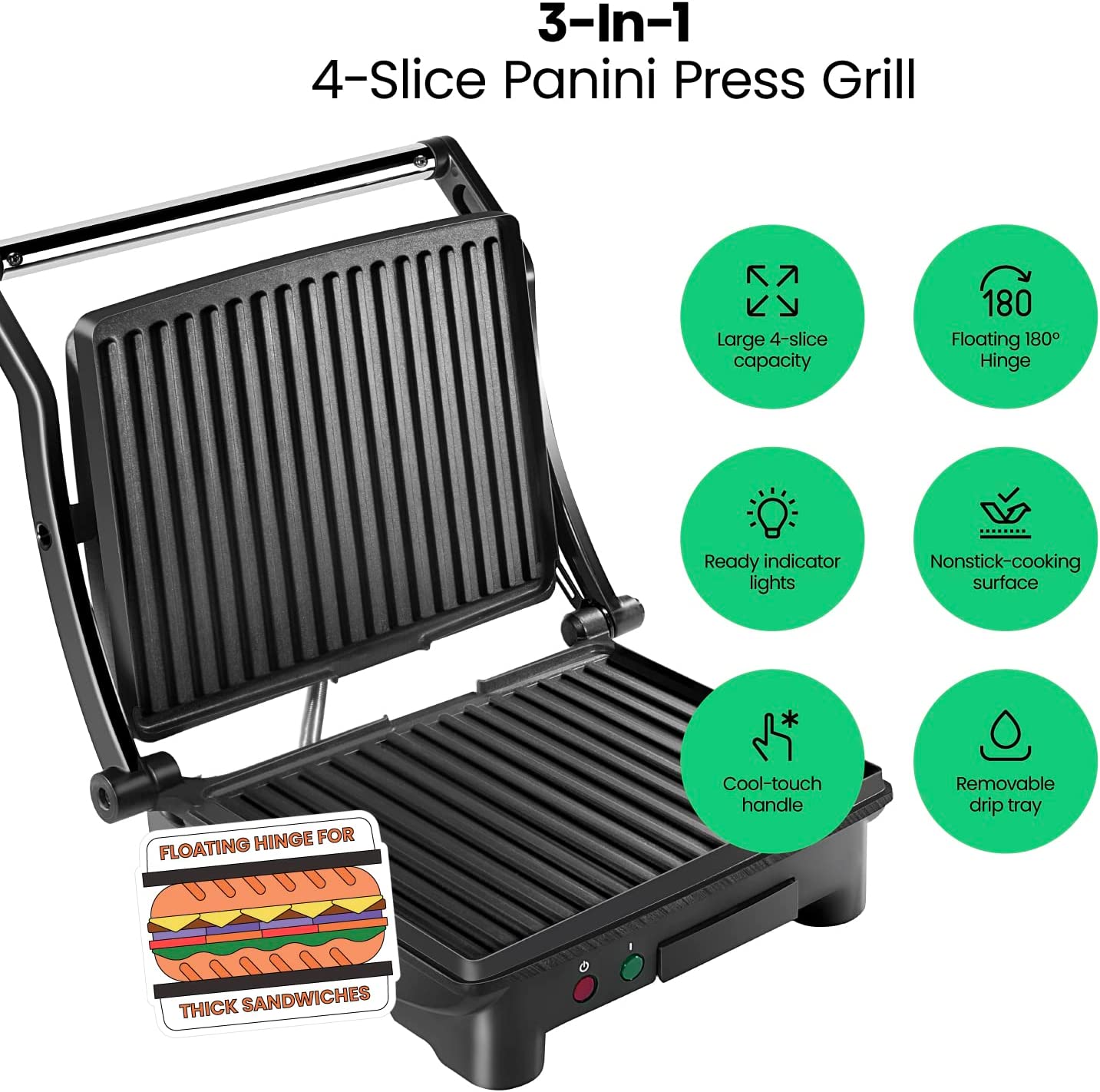Chefman Parrilla Panini Prensa y Gourmet Sándwich de Hacer, 4 Rebanadas