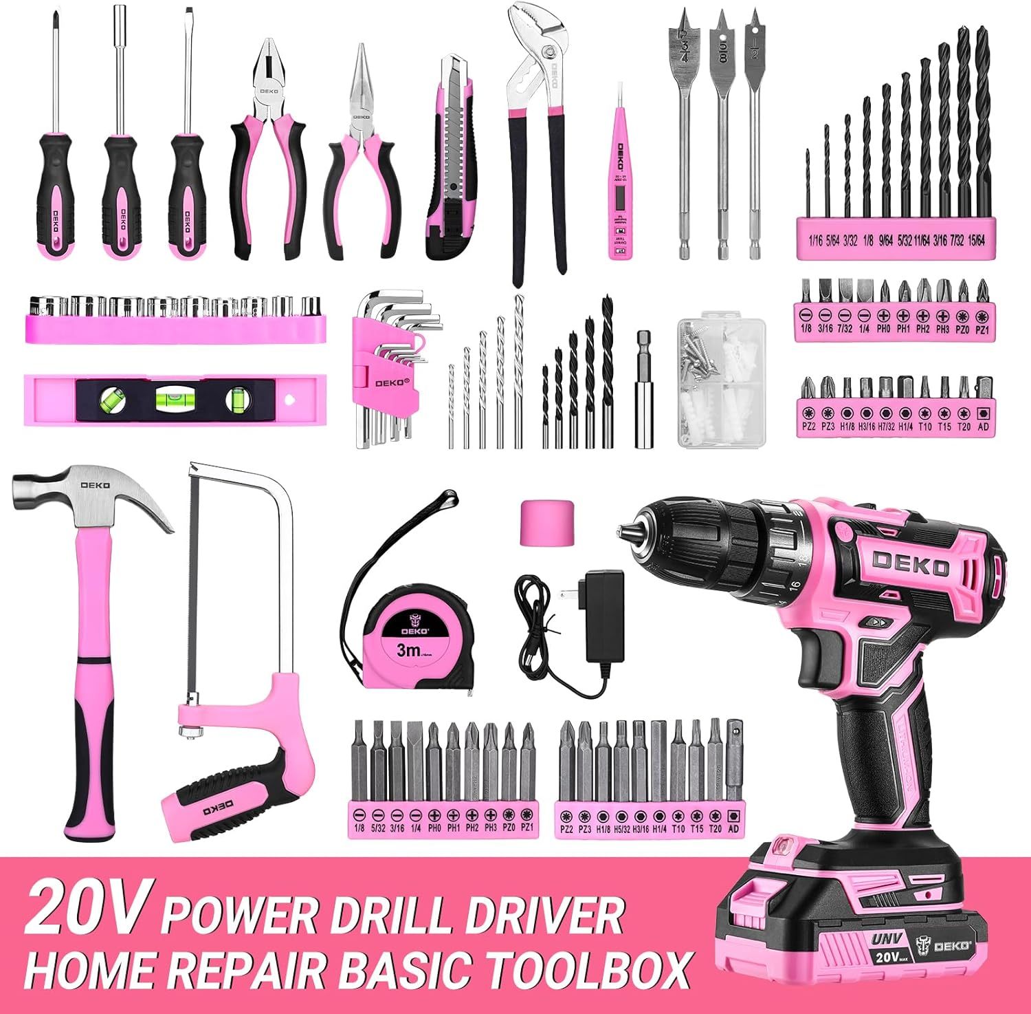 Juego de herramientas de taladro rosa: caja de herramientas de taladro eléctrico inalámbrico de 20 V con batería, taladro eléctrico para hombres, reparación de mano, caja de herramientas básicas