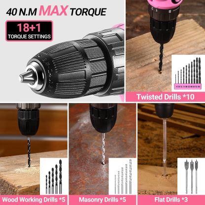 Juego de herramientas de taladro rosa: caja de herramientas de taladro eléctrico inalámbrico de 20 V con batería, taladro eléctrico para hombres, reparación de mano, caja de herramientas básicas