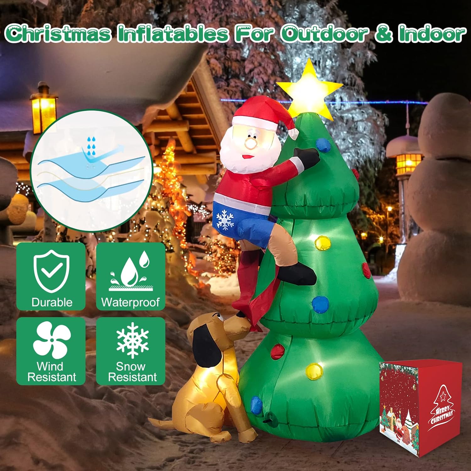 Danxilu 1.83M Arbol de Navidad Inflable con Papá Noel Perro Decoraciones al Aire Libre, Inflables Navidad Arbol Santa Claus para el Patio Inflables Navideños Decoración Iluminada con Leds
