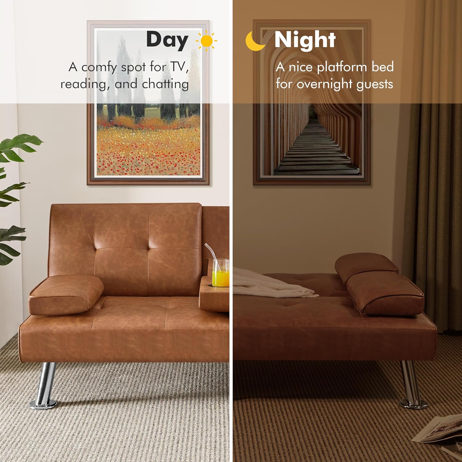 Yaheetech - Sofá Cama Convertible Ajustable, Moderno sillón reclinable de Piel sintético para el hogar, sofá Cama Plegable, Cama de Invitados, reposabrazos extraíbles, portavasos 3 ángulos, Capacidad