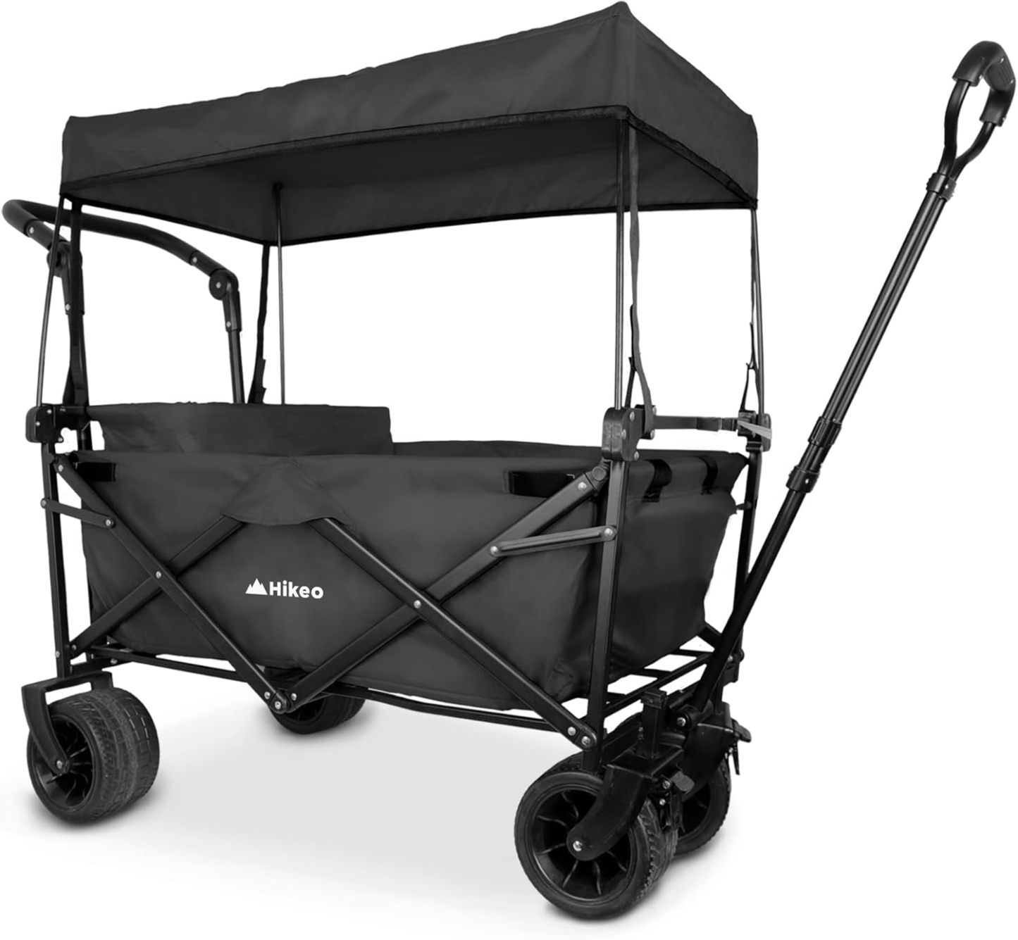 Hikeo Carrito Plegable Portátil y Carriola para Exteriores hasta 70 Kg, Ruedas 360° Todo Terreno con Freno, Incluye Toldo y Cesta de Tela, para Niños y Mascotas, Carretilla Wagon Vagón con Funda