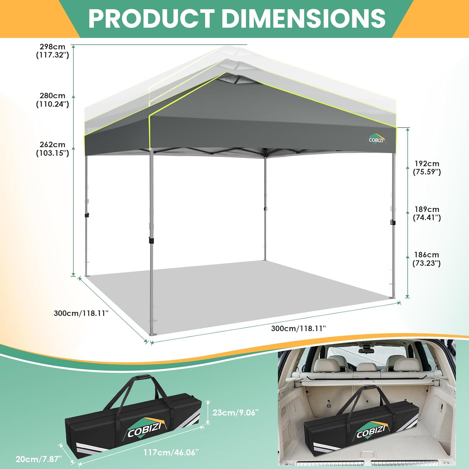 COBIZI - Tienda de campaña desplegable de 10 x 20 Pulgadas, Tienda de campaña instantánea Comercial para Bodas, Fiestas con 3 Altura Ajustable, toldo Ez Up para Exteriores, Impermeable, UPF50+ con
