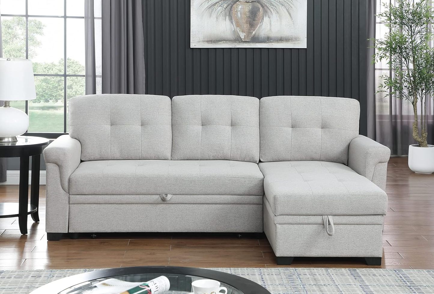 Lilola Home Lucca - Sofá seccional Reversible de Lino Gris Claro con diván de Almacenamiento