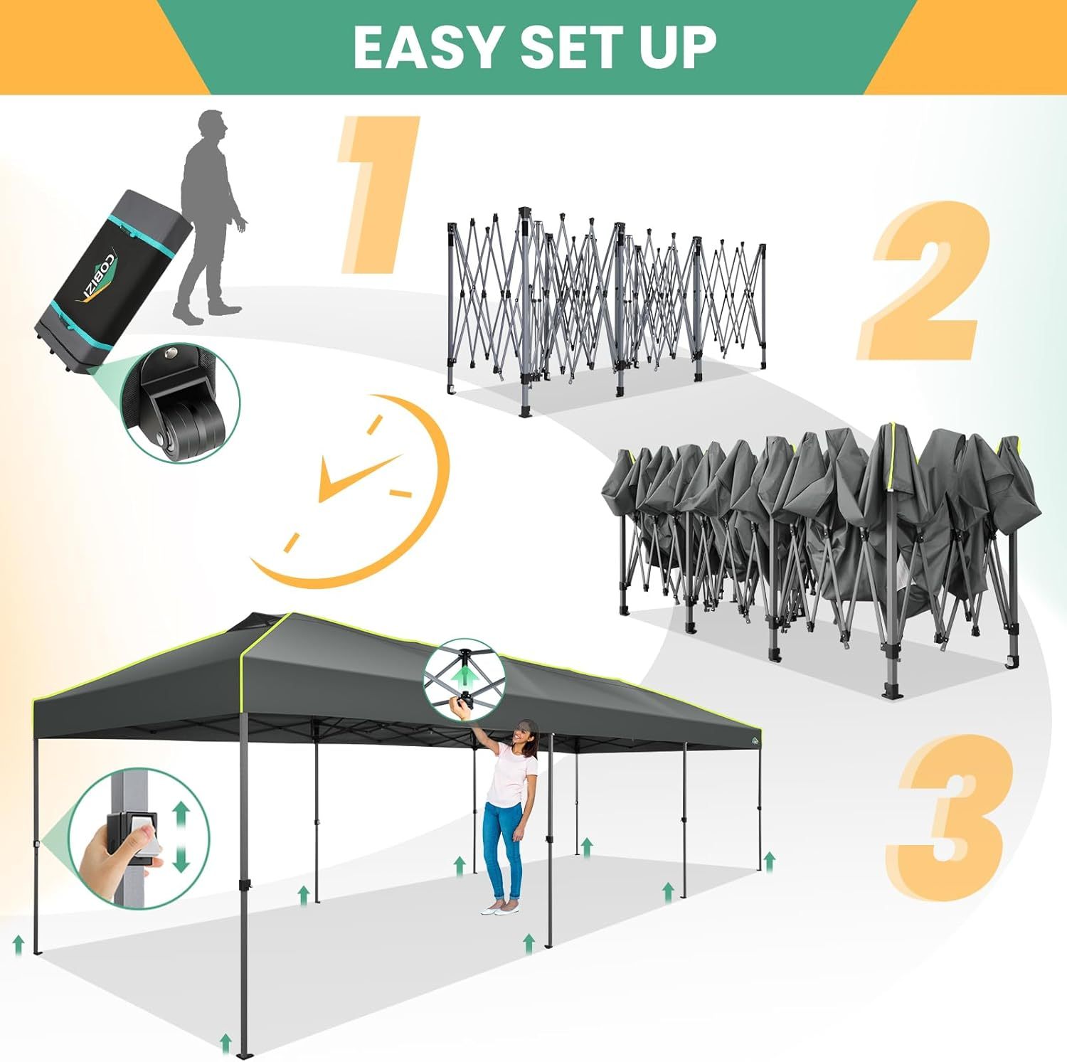COBIZI - Tienda de campaña desplegable de 10 x 20 Pulgadas, Tienda de campaña instantánea Comercial para Bodas, Fiestas con 3 Altura Ajustable, toldo Ez Up para Exteriores, Impermeable, UPF50+ con