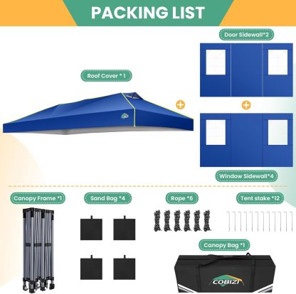 COBIZI - Tienda de campaña desplegable de 10 x 20 Pulgadas, Tienda de campaña instantánea Comercial para Bodas, Fiestas con 3 Altura Ajustable, toldo Ez Up para Exteriores, Impermeable, UPF50+ con