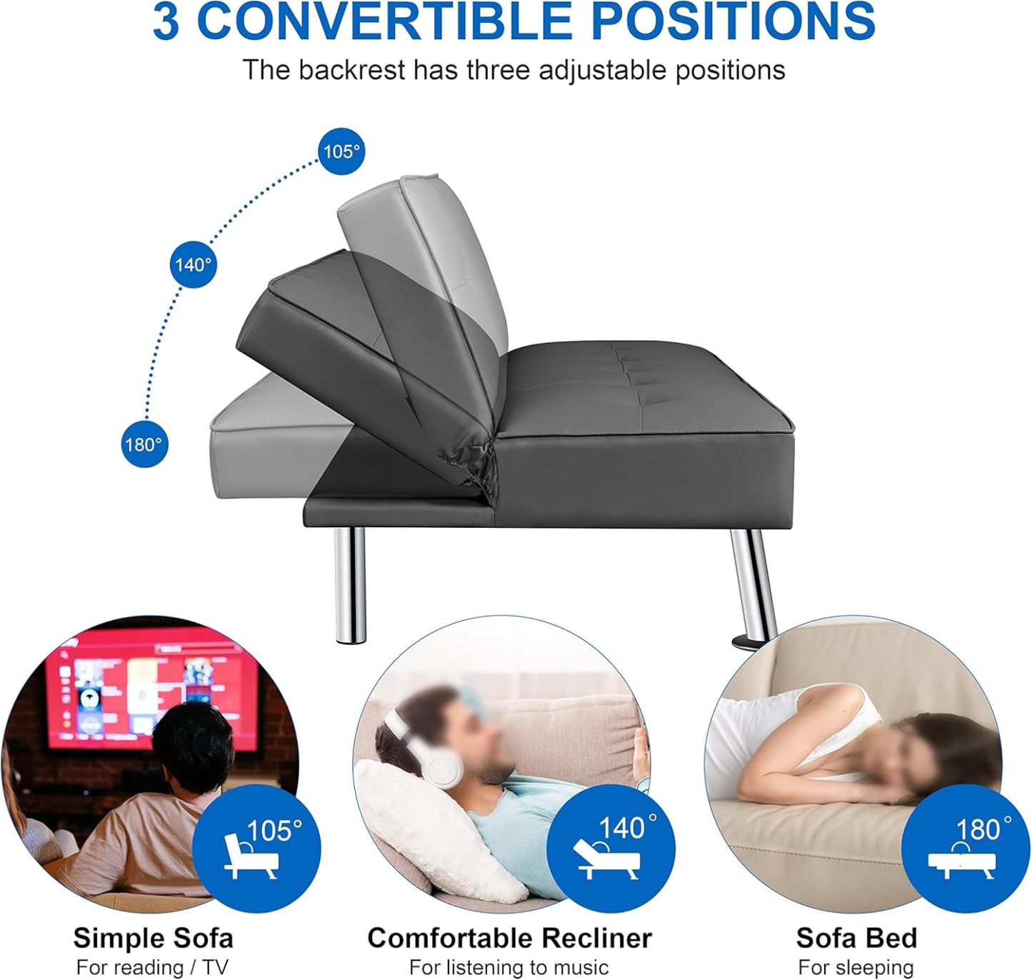 Yaheetech - Sofá Convertible de Piel sintética, sofá Cama, sofá de futón, sofá Ajustable, sofá de futón, Muebles de Sala de Estar con Patas de Metal Chapado en Cromo, Gris