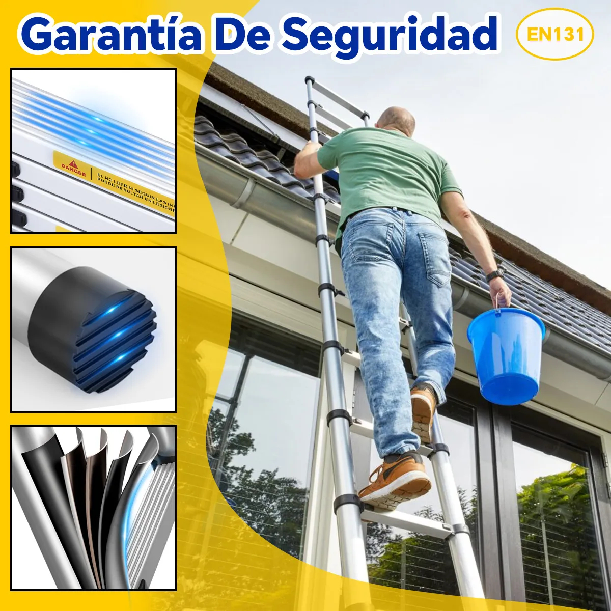 Escalera Aluminio Telescópica Ajustable 13 Peldaños 5 Metros