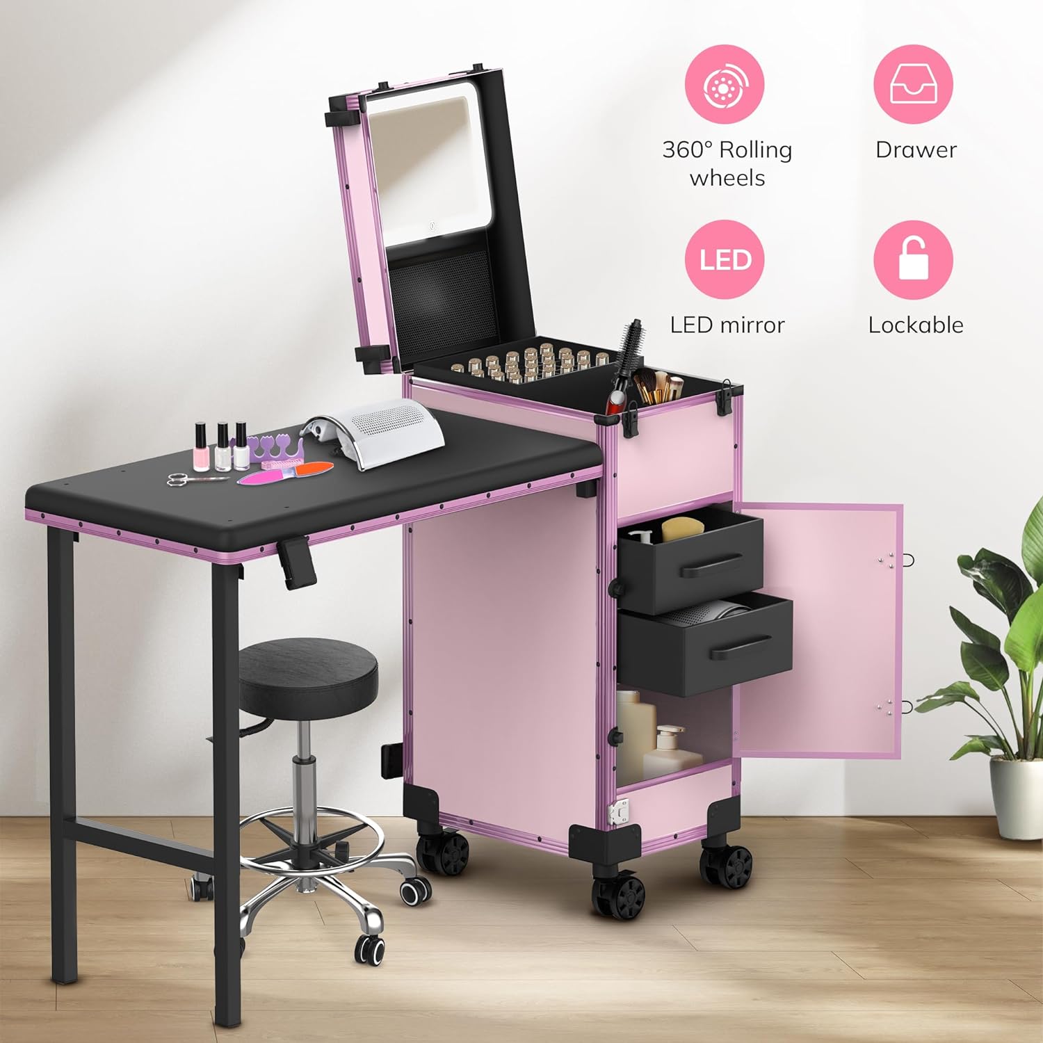 EASYINBEAUTY - Mesa de manicura portátil con 2 cajones, organizador de espejo y esmalte de uñas, estuche de tren de maquillaje con cerradura con computadora de uñas plegable, estuche de viaje