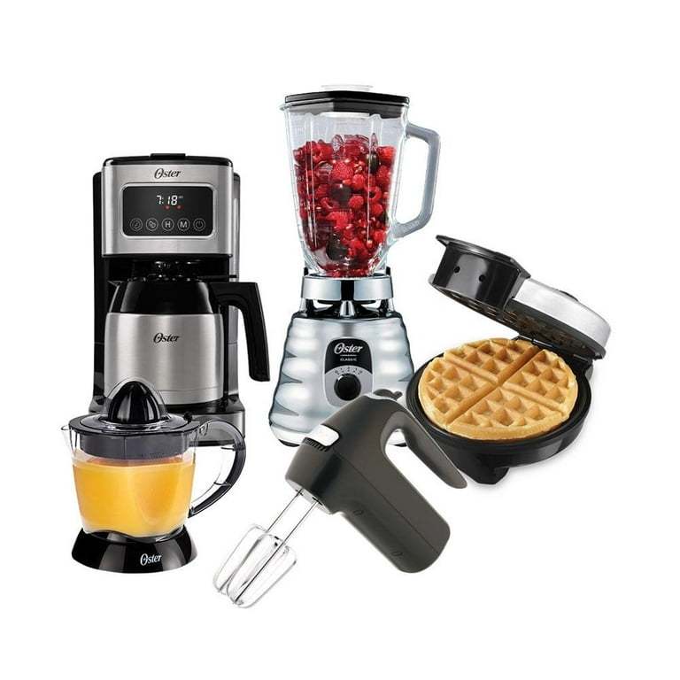 Combo Oster 5 Elementos licuadora, Cafetera, batidora, wafflera y exprimidor de jugos Negro con Plata