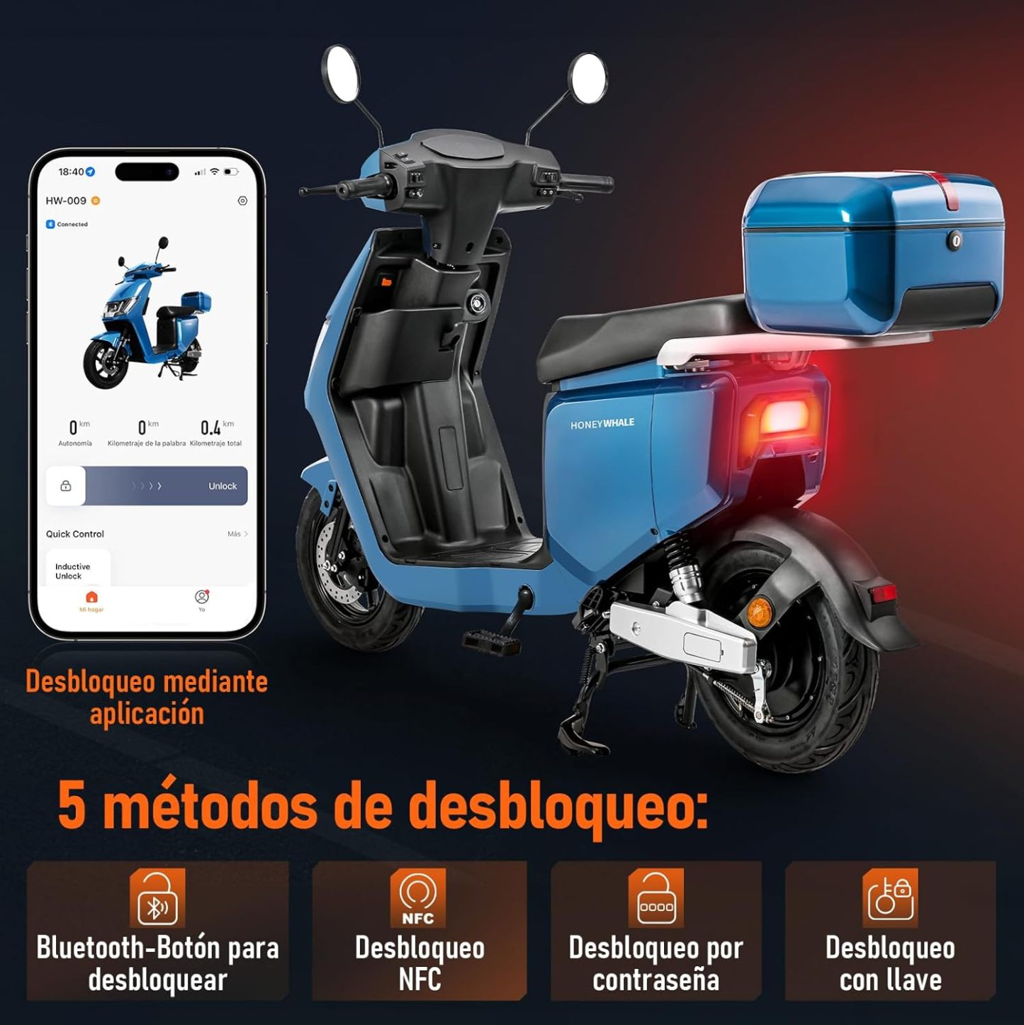 HONEYWHALE i009 Moto Bicicleta Electrica para Adultos, Scooter Inteligente con Batería de Litio Extraíble de 24AH, 800W Motor, Velocidad Máxima 50KM/H, Autonomía 70KM, Sistema Antirrobo