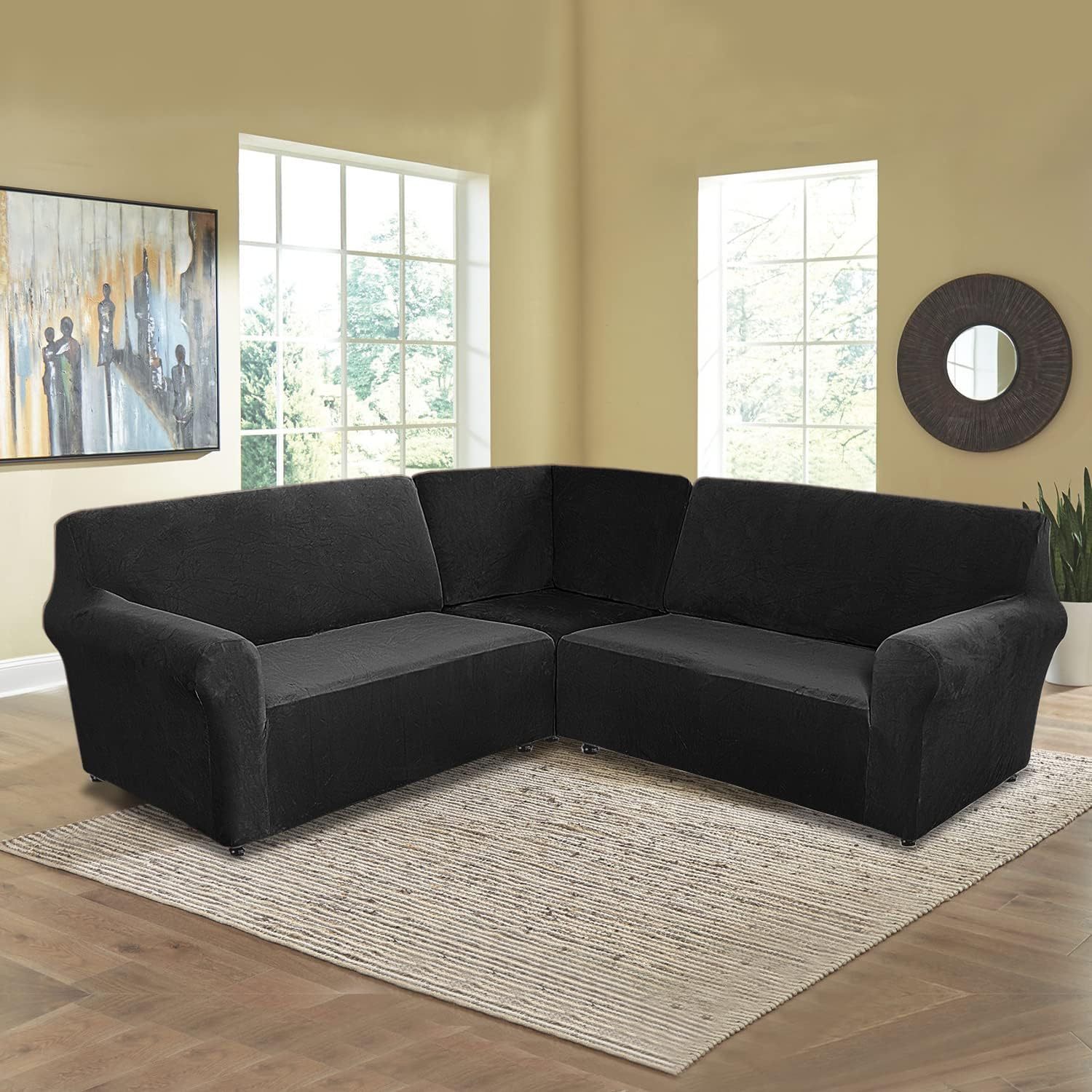 MIFXIN - Fundas de sofá de esquina seccionales de 5 asientos en forma de L, 3 piezas de terciopelo elástico, suave, lavable, protector de sofá para sofás de esquina de 5 plazas (negro)