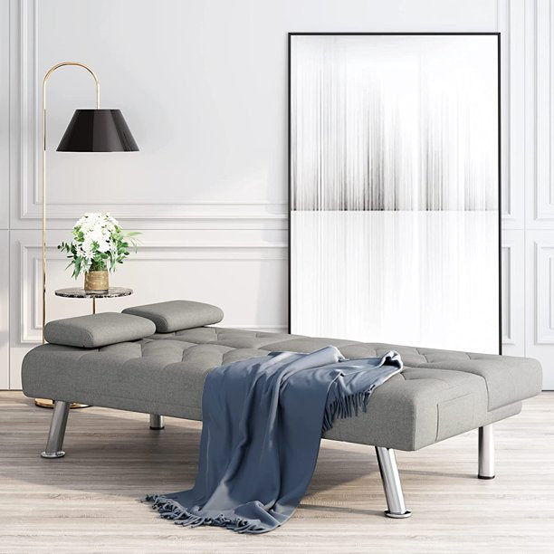 Homfa Sofá cama futón convertible, sofá cama plegable de 66.3 pulgadas con reposabrazos extraíbles y 2 portavasos para sala de estar, acabado gris