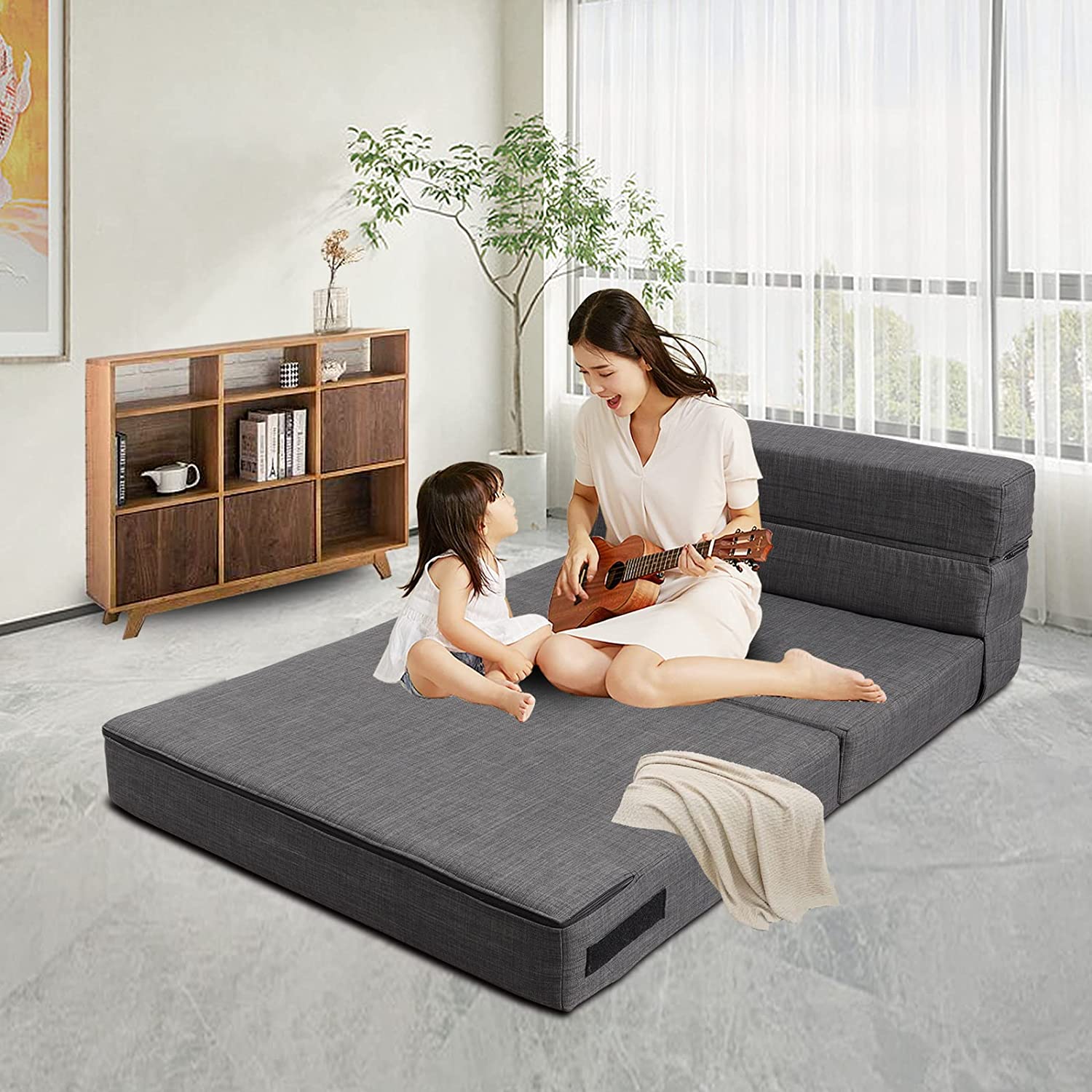 Nigoone - Sofá plegable tamaño Queen de espuma viscoelástica con 2 almohadas, sillón perezoso, triple futón, camas convertibles, funda lavable, gris oscuro