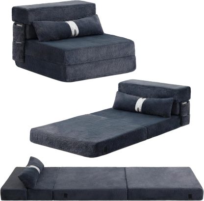 Tiita - Sillón de futón, tamaño individual, sofá cama plegable con almohada, colchón de piso y futón para sala de estar, recámara, uso de invitados, departamento