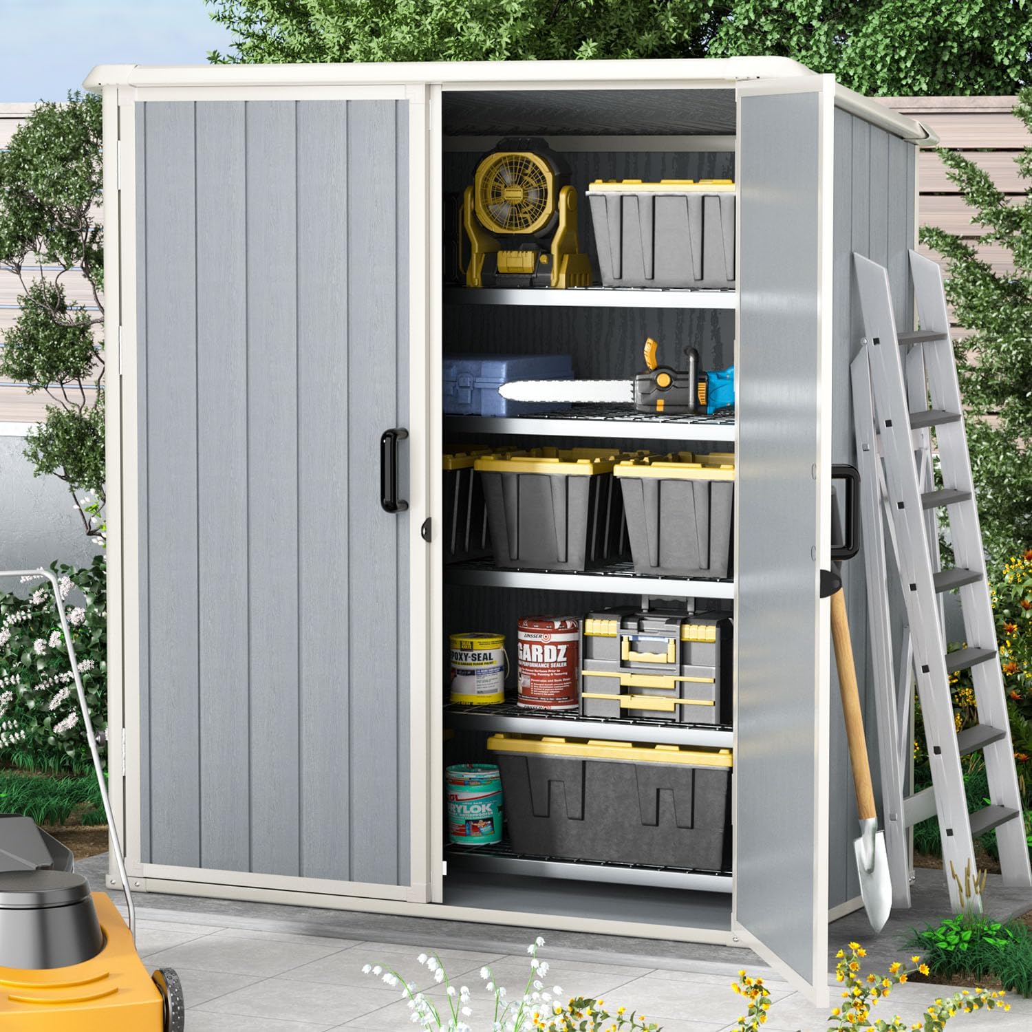 Aoxun - Cobertizo de almacenamiento para exteriores de 5 x 3 pies, cobertizo de resina con piso y puerta con cerradura, cobertizos de plástico para bote de basura, herramienta, accesorios, césped