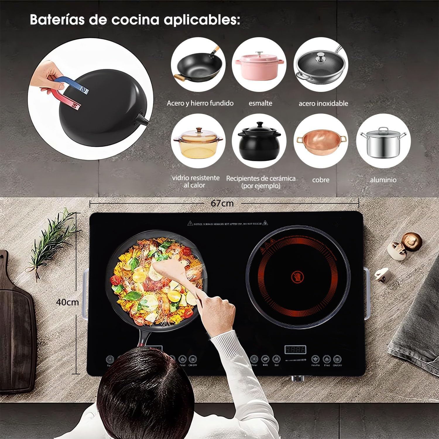 3500W Parrilla de Inducción Eléctrica, 1850W+1850W Control Independiente Cocina por Inducción de Doble Horno, 10 Niveles de Temperatura y Potencia, Sistema de Seguridad, Pantalla LCD Touch